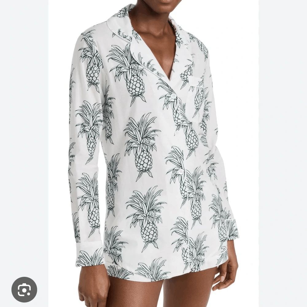 Desmond & Dempsey White Black Howie Pineapple Pajama Top Women's Size Large